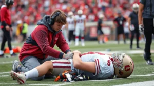 Young athletic trainer providing emergency medical care to collapsed football player on sideline during practice, demonstrating proper assessment technique with calm professionalism