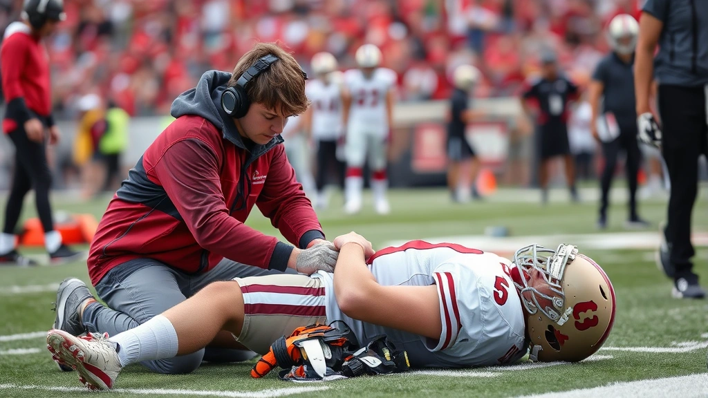 Young athletic trainer providing emergency medical care to collapsed football player on sideline during practice, demonstrating proper assessment technique with calm professionalism