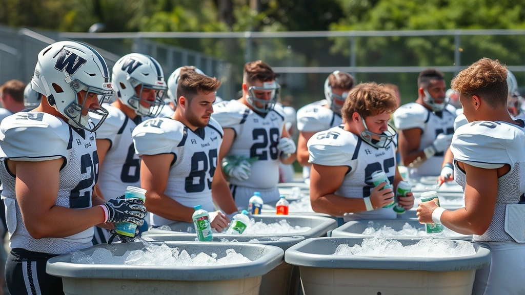 Diverse group of high school football players hydrating and cooling down during hot Florida afternoon practice with ice baths and electrolyte drinks visible