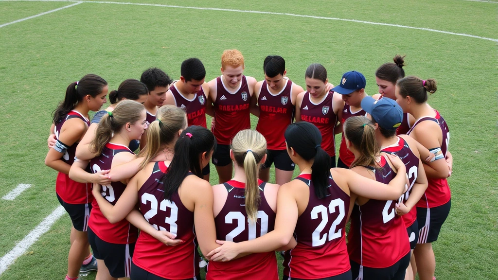 Athletic team gathered in circle showing unity and support, wearing memorial ribbons or armbands, demonstrating community resilience and remembrance