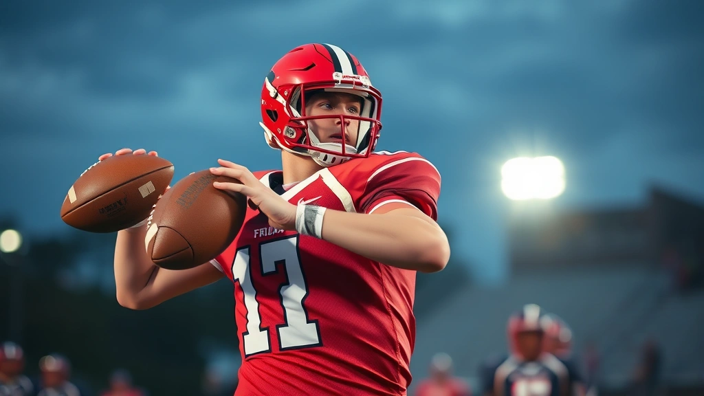 High school football quarterback in mid-throw during Friday night game, stadium lights in background, focused expression, professional action shot with depth of field