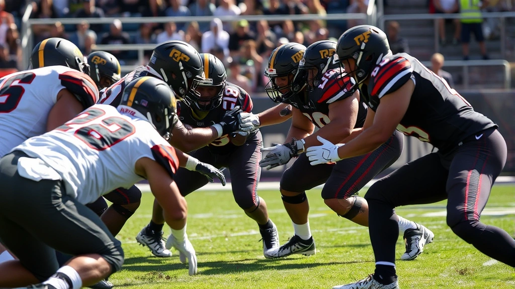 Defensive linemen executing gap assignments during intense play, showing proper technique and positioning, multiple players visible, dynamic action photography with natural lighting