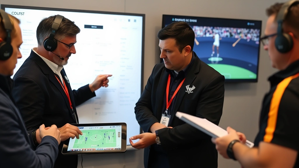 Coaching staff reviewing game film on tablet and whiteboard, analyzing plays and formations, professional setting with focused concentration, no visible text on screens