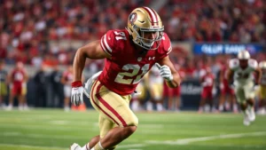 Professional college football player in Florida State uniform exploding off the line of scrimmage with intense power and speed, dynamic action shot showing muscular definition and athletic excellence, stadium background blurred, dramatic lighting emphasizing explosive movement