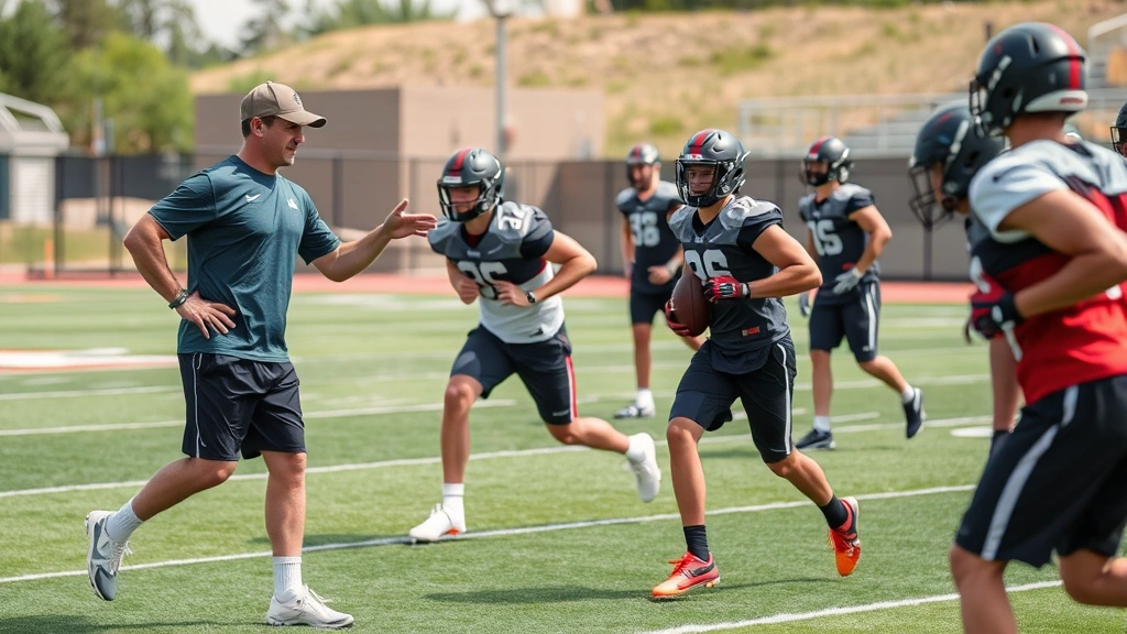 Strength and conditioning coach demonstrating sprint mechanics to college football players in training gear, outdoor practice field setting with athletes in athletic positions, professional coaching environment showing athletic development in action, natural daylight with focused intensity