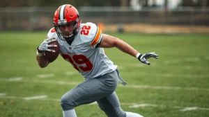 Professional football player in full protective gear performing explosive lateral cut on field, intense focus, dynamic motion, grass field, overcast lighting, photorealistic athletic wear