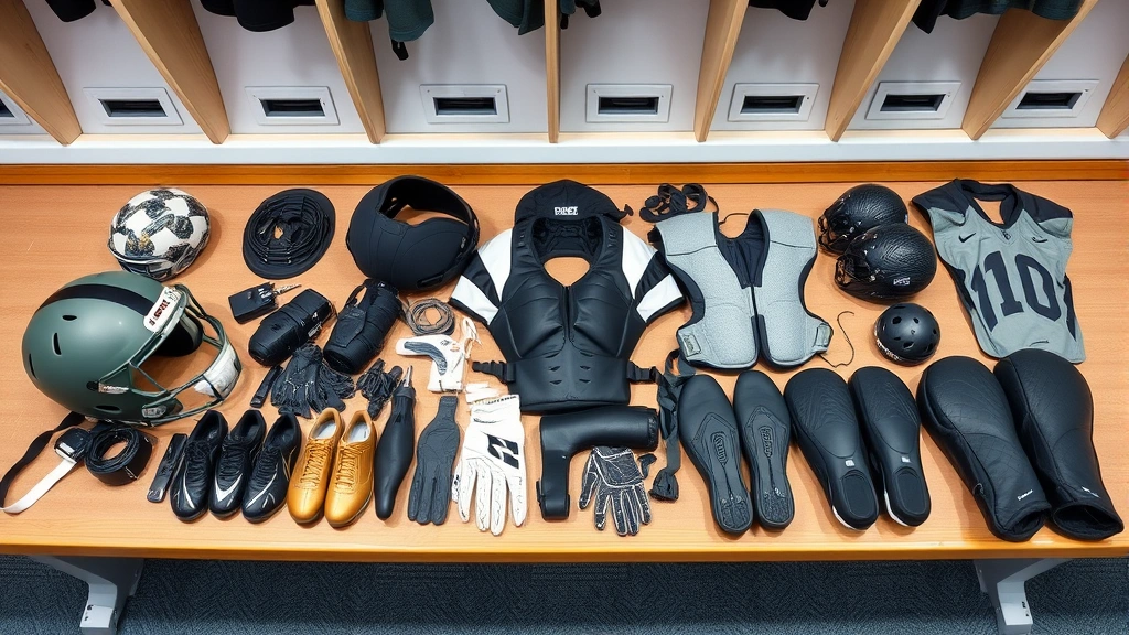 Organized collection of football equipment laid out including helmet, cleats, gloves, shoulder pads, and protective gear arranged on locker room bench, professional presentation, detailed textures visible