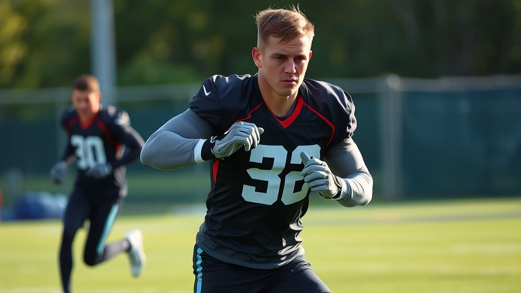 Athlete wearing compression wear and modern football apparel during intense practice drill, demonstrating mobility and movement, sweat visible, focused expression, natural field lighting