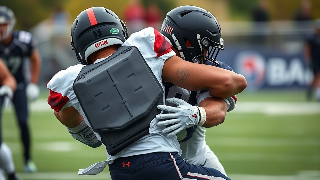 Professional football linebacker wearing protective back plate during intense tackle drill, showing proper equipment fit and positioning against opponent, dynamic action shot with visible impact