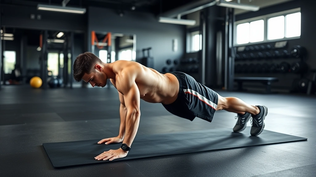 Athlete performing core strengthening exercise on mat in training facility, demonstrating plank hold with proper spinal alignment, representing injury prevention through conditioning rather than equipment alone