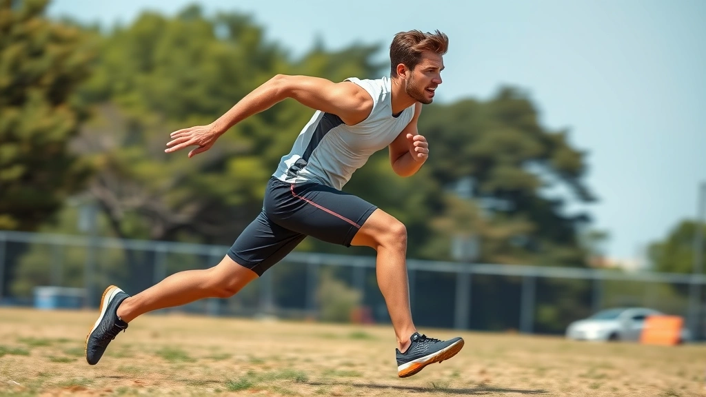 Athletic male sprinting at maximum speed on outdoor grass field, explosive forward lean, powerful leg drive, focused expression, midday natural lighting, athletic wear, motion blur background