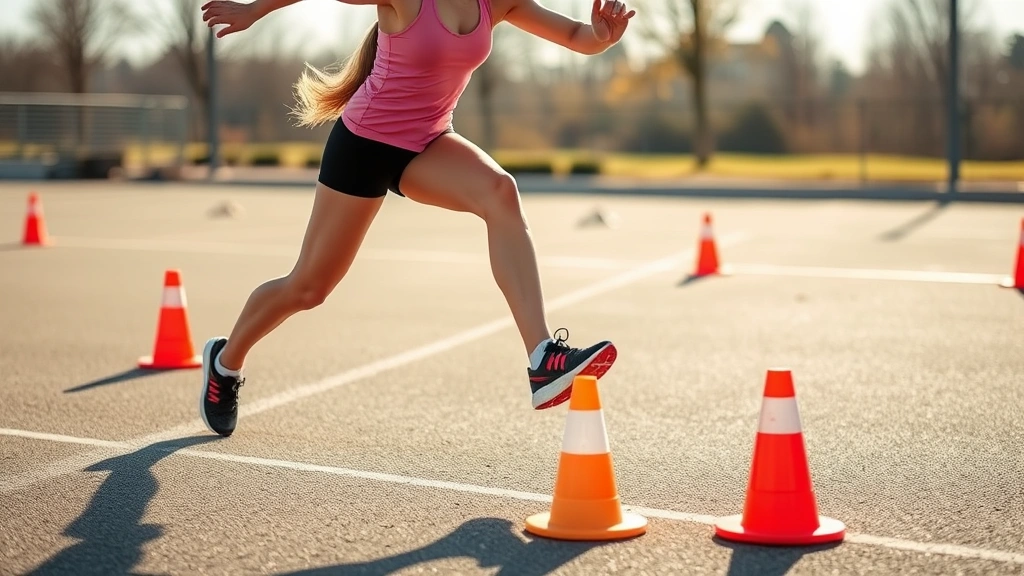 Female athlete performing lateral agility cone drill, rapid direction change, perfect body positioning, concentrated effort, outdoor training ground with cones, morning sunlight, athletic shoes visible
