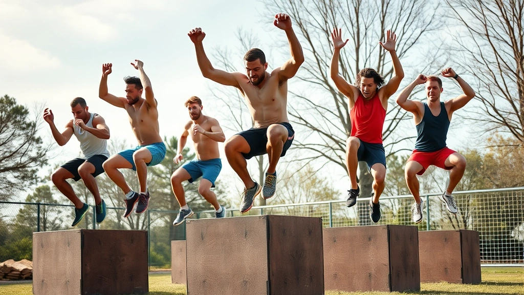 Mixed group of athletes performing plyometric box jump training outdoors, explosive upward motion, athletic power display, natural daylight, gym-free environment, determination and focus visible