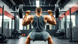 Athletic football player performing explosive barbell back squat in professional strength training facility with proper form, intense focused expression, dynamic power movement