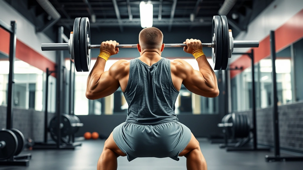 Athletic football player performing explosive barbell back squat in professional strength training facility with proper form, intense focused expression, dynamic power movement