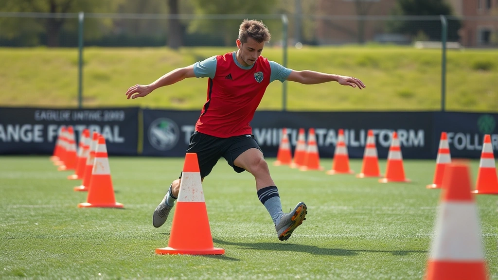Agile football player executing sharp cutting drill through cone course, planting and changing direction explosively, demonstrating lateral movement and athletic footwork in outdoor training environment