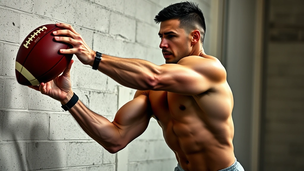 Muscular football player performing explosive medicine ball chest pass against wall with maximum velocity, core engaged, athletic physique, dynamic explosive motion captured mid-movement