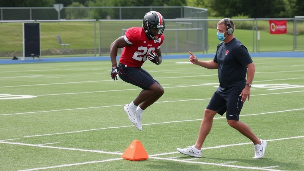 Coach demonstrating proper deceleration technique with football athlete, showing controlled jump stop landing position, training environment