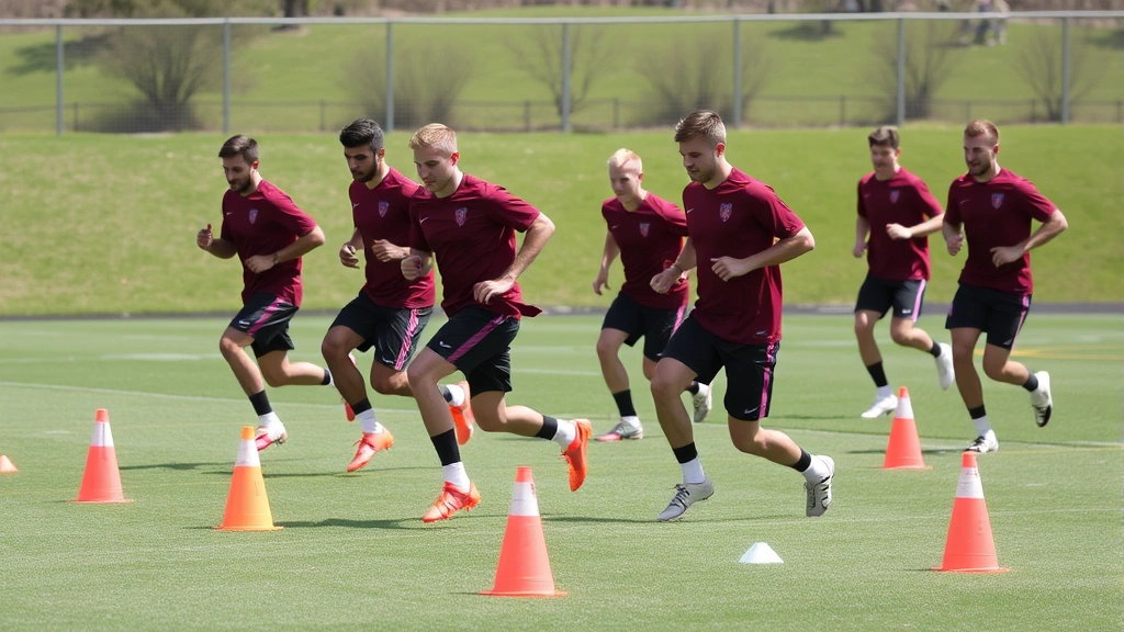 Multiple football players executing cone weaving drill with precision footwork and body control, high-speed directional changes, outdoor practice field
