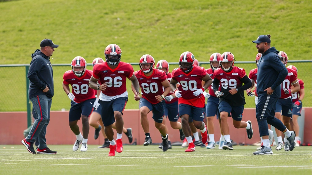 Professional football coaching staff supervising team conditioning drill on practice field, multiple players running intense exercises, organized team training session