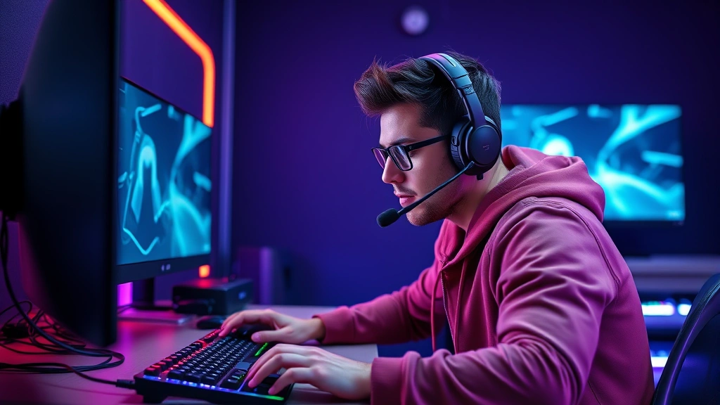 Professional esports player at gaming setup with mechanical keyboard and mouse, intense focused expression, modern RGB lighting, clean minimalist desk environment, photorealistic