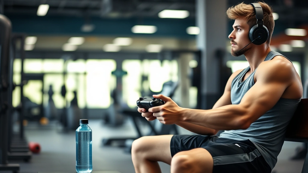 Athlete taking strategic gaming break during training recovery, sitting on gym bench holding controller, water bottle nearby, motivational gym background blurred, natural lighting