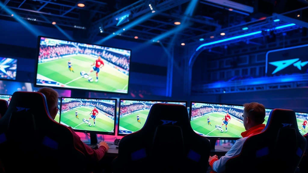 Competitive gaming tournament scene with multiple monitors displaying football game, players in gaming chairs concentrating intensely, professional esports arena lighting, dynamic competitive atmosphere
