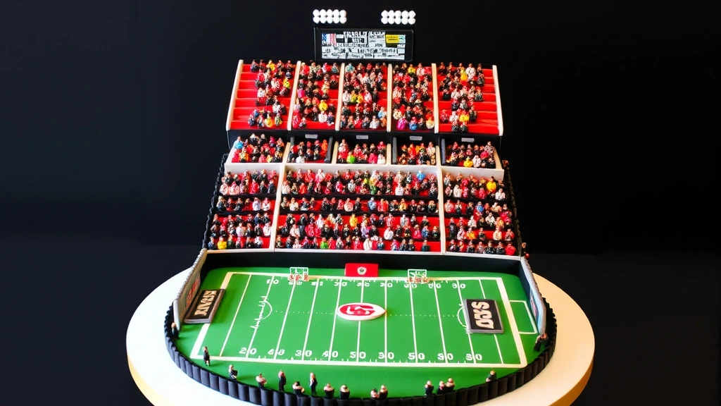 Tiered stadium-themed cake with multiple layers creating bleacher effect, detailed field on base layer, team colors throughout, miniature fondant spectators in stands, scoreboard decoration on top, realistic dramatic presentation