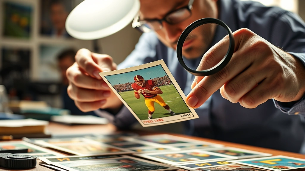 Professional holding vintage 1970s football trading card examining under bright studio lighting, detailed close-up of card edges and corners, natural daylight, photorealistic, professional card collector workspace with magnifying glass