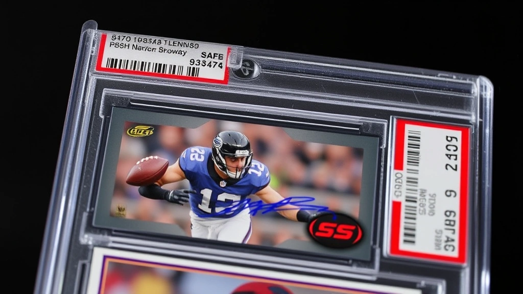 Graded football card in protective PSA slab displaying grade label, card visible through clear casing, studio lighting highlighting hologram authentication feature, premium collectible presentation, detailed macro photography