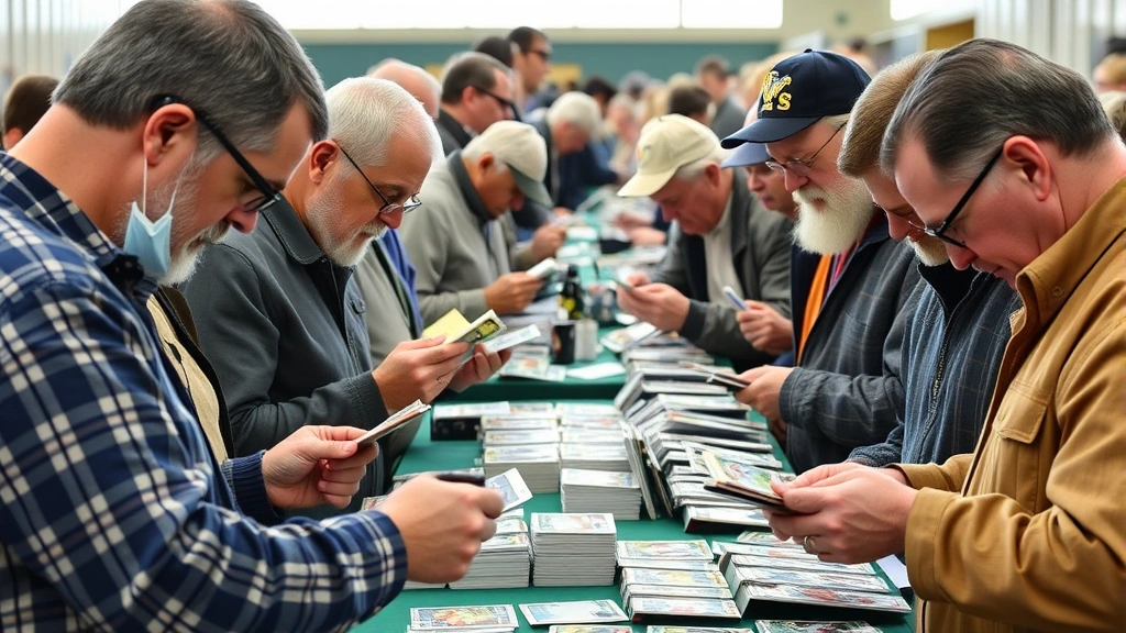 Diverse group of collectors examining football cards at trading show, examining cards with magnifying glasses, trading and discussing valuations, energetic marketplace atmosphere, natural lighting, authentic collector community engagement