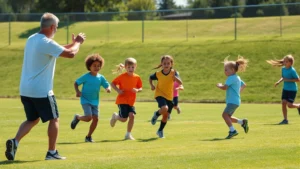 Young children performing dynamic warm-up exercises on grass field, coach demonstrating proper running mechanics with enthusiastic kids, bright daylight outdoor setting
