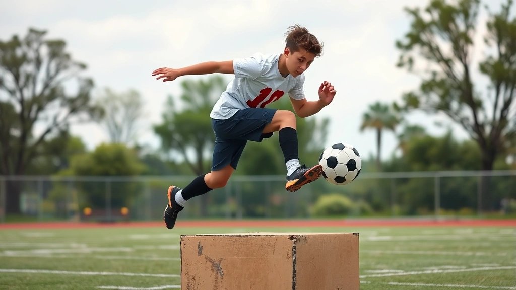 Teenage football player executing explosive box jump with perfect landing mechanics, athletic field background, focused intensity, proper form demonstration