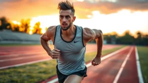 Athletic runner sprinting on outdoor track at sunset with intense facial expression, moisture on skin, dynamic motion blur, professional sports photography