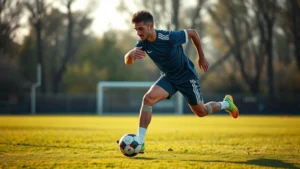 Professional footballer performing high-intensity sprint training on grass pitch, muscles engaged, maximum effort expression, afternoon lighting