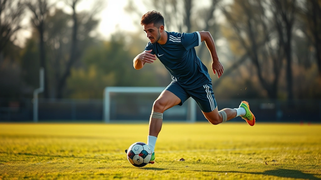 Professional footballer performing high-intensity sprint training on grass pitch, muscles engaged, maximum effort expression, afternoon lighting