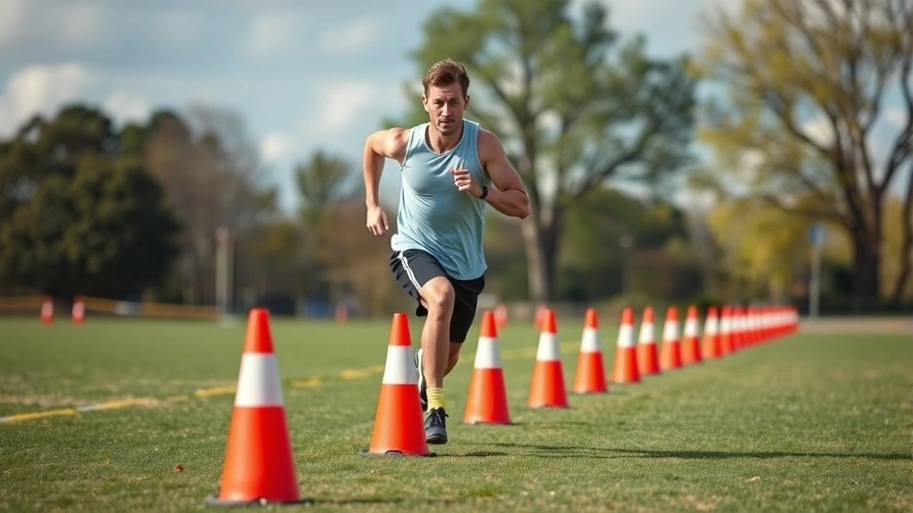 Athletic player completing interval training circuit with cones, dynamic movement captured mid-acceleration, outdoor natural field setting