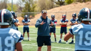 Professional football coach instructing players during outdoor practice, demonstrating tactical formations with confident gestures, sunny day, natural athletic environment