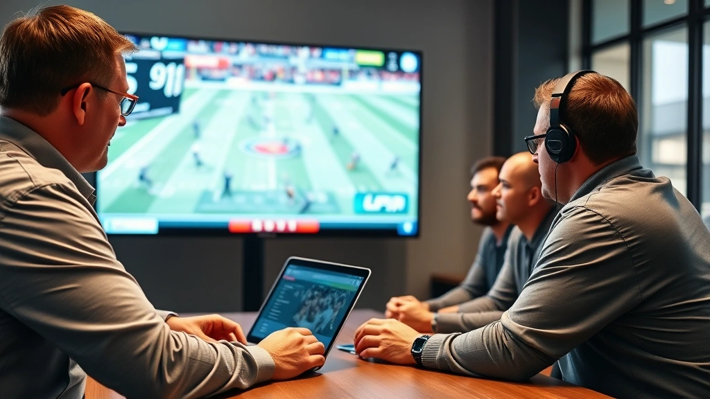 Coaches reviewing game film on large screen with laptop, analyzing football strategy, focused expressions, professional coaching staff meeting in modern facility
