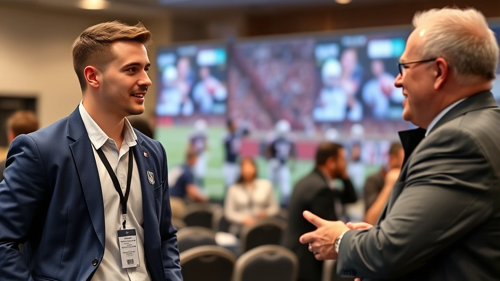 Young aspiring football coach at networking event speaking with experienced athletic director, professional attire, conference setting with football backdrop