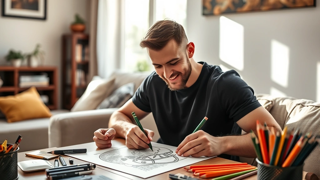 Athlete in comfortable home setting peacefully coloring intricate football helmet design with colored pencils, natural daylight streaming through window, relaxed facial expression, cozy workspace setup with art supplies organized nearby