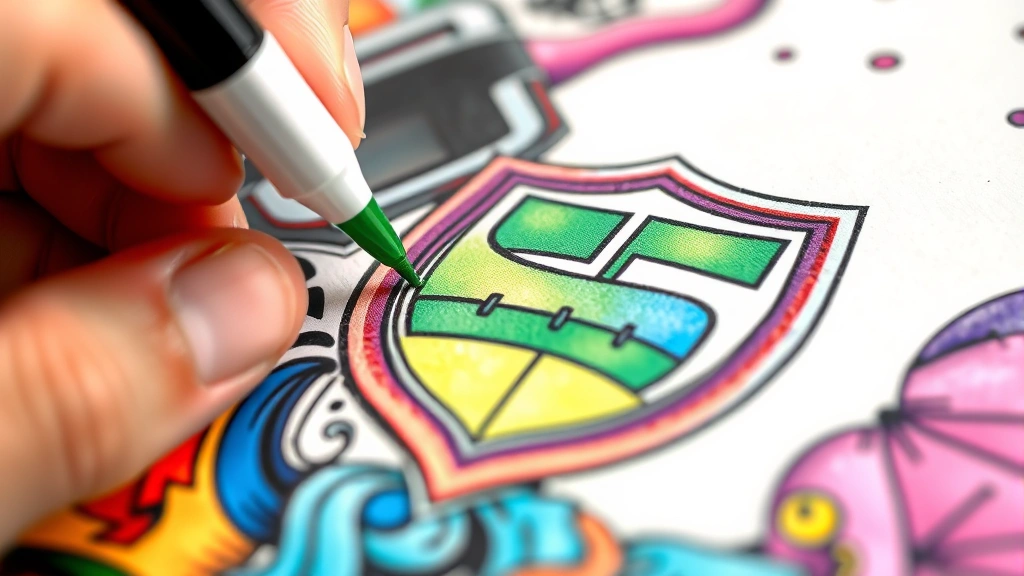 Close-up detail shot of vibrant colored football-themed illustration being colored with premium markers, showing intricate team logo patterns and dynamic shading techniques, professional coloring in progress