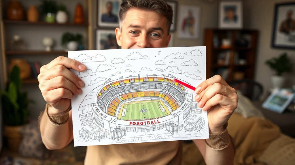 Person completing a complex football stadium coloring page in warm home environment, showing finished artwork with beautiful color gradients, satisfied expression, completed pages displayed proudly in background