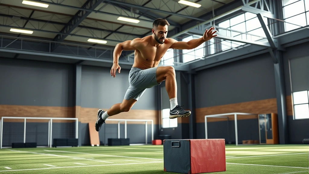 Professional football athlete performing explosive box jump in modern training facility, muscular form, dynamic motion captured mid-jump, bright athletic environment