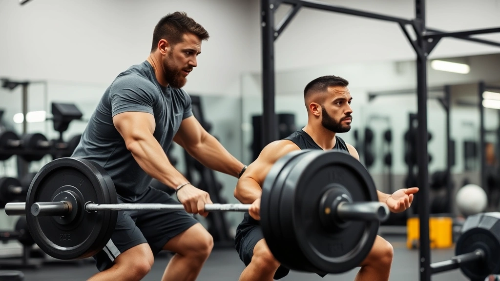 Strength coach working with football player on heavy barbell squat technique, proper form demonstration, well-equipped gym setting, focused training session