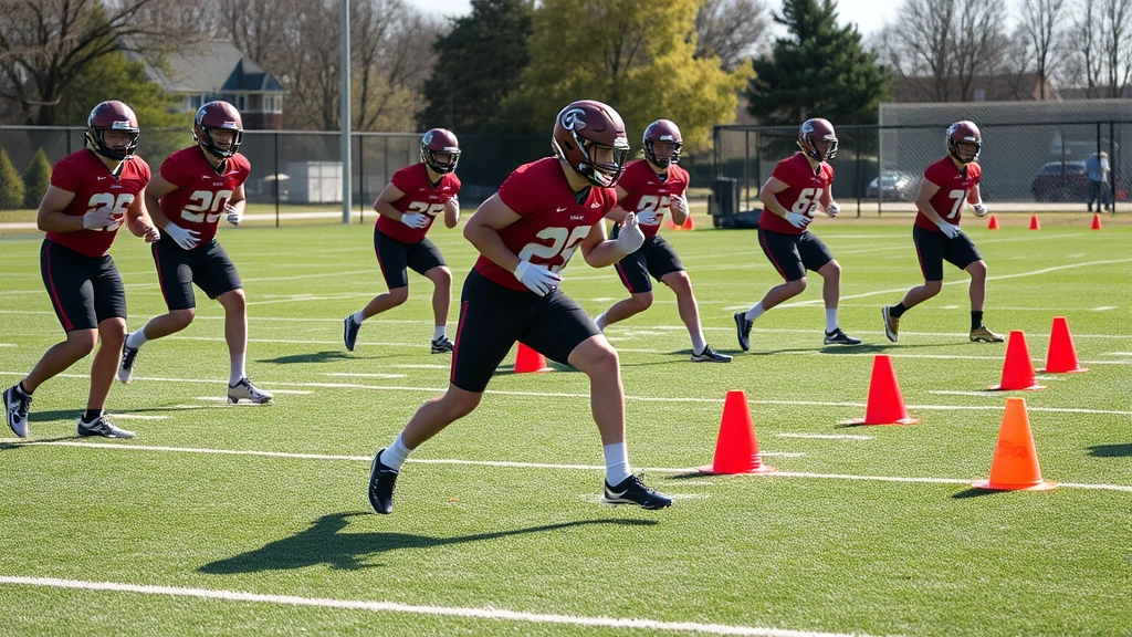 Football team conducting agility cone drill training outdoors on field, multiple athletes performing directional changes, competitive intensity, natural daylight