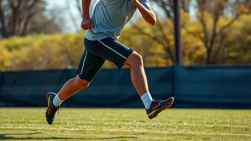 Professional football player in mid-sprint on grass field during training, showing explosive acceleration with powerful leg drive, athletic intensity, daylight, dynamic motion
