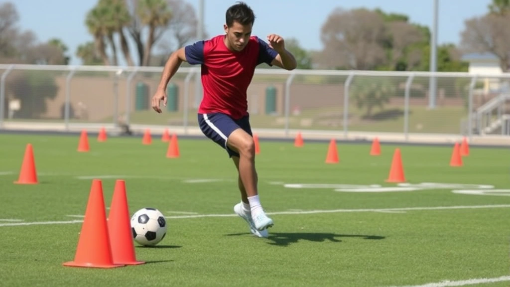 Football player executing agility drill with cone markers on field, showing rapid directional change and balance, training intensity, outdoor facility, clear weather