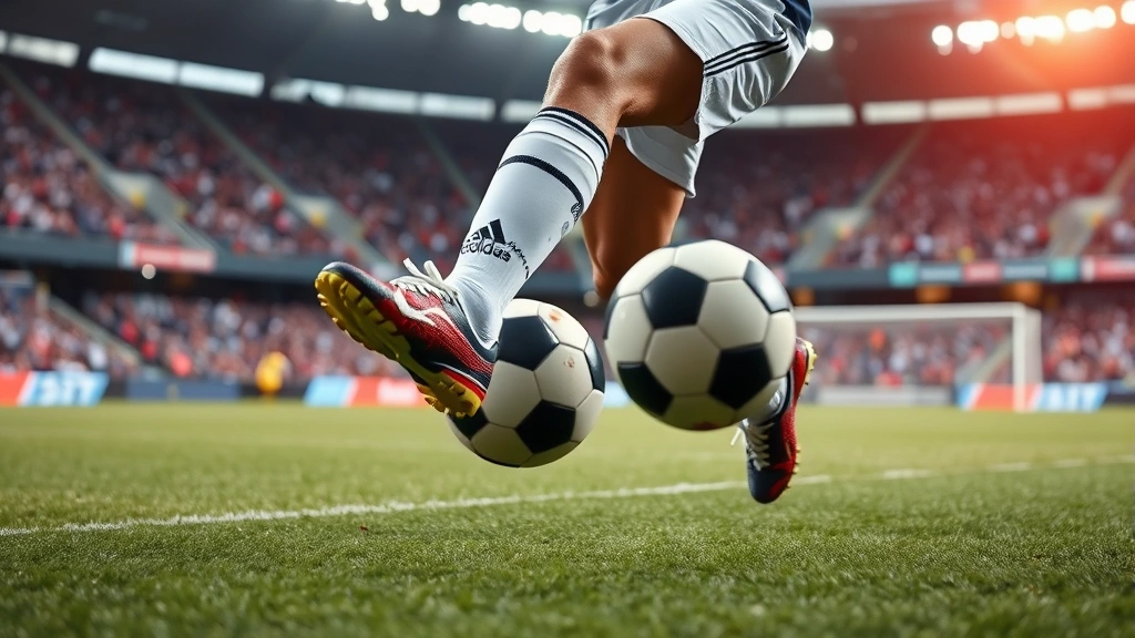 Professional soccer player executing precise ball control during a competitive match, feet working with the soccer ball in a stadium setting with authentic grass and field markings, dynamic athletic movement captured mid-action