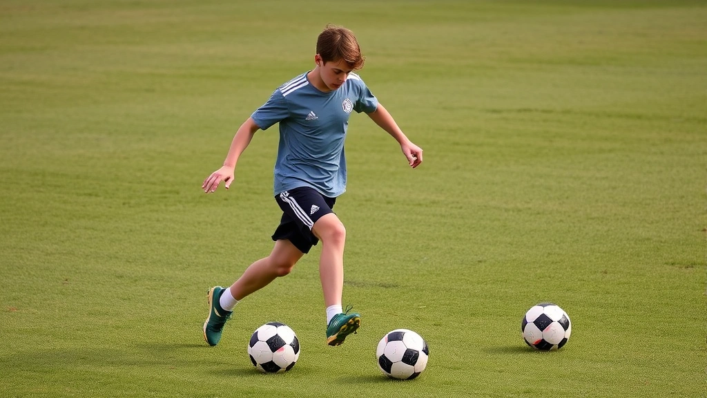 Young athlete performing dynamic dribbling drill with multiple soccer balls arranged on grass field, showing agility and close ball control technique with focused athletic form and proper body positioning